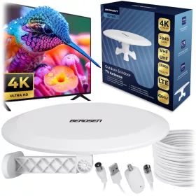   Antenă TV de interior și exterior, 4K Ultra HD, VHF și UHF, albă - Berdsen BD-955
