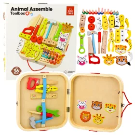 Trusă de lucru din lemn, valiză cu animale, 59 buc.