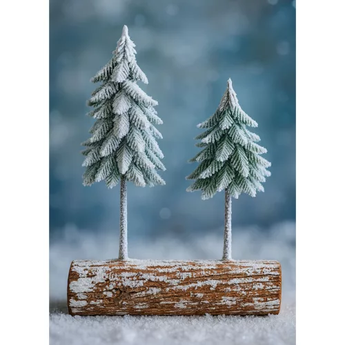 Compoziție decorativă de brad de Crăciun pe un trunchi acoperit de zăpadă 34 x 28 cm