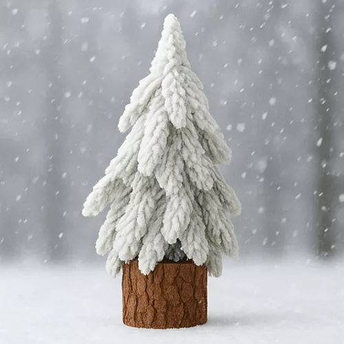 Brad de Crăciun artificial decorativ pe un trunchi acoperit de zăpadă 30 x 10 cm